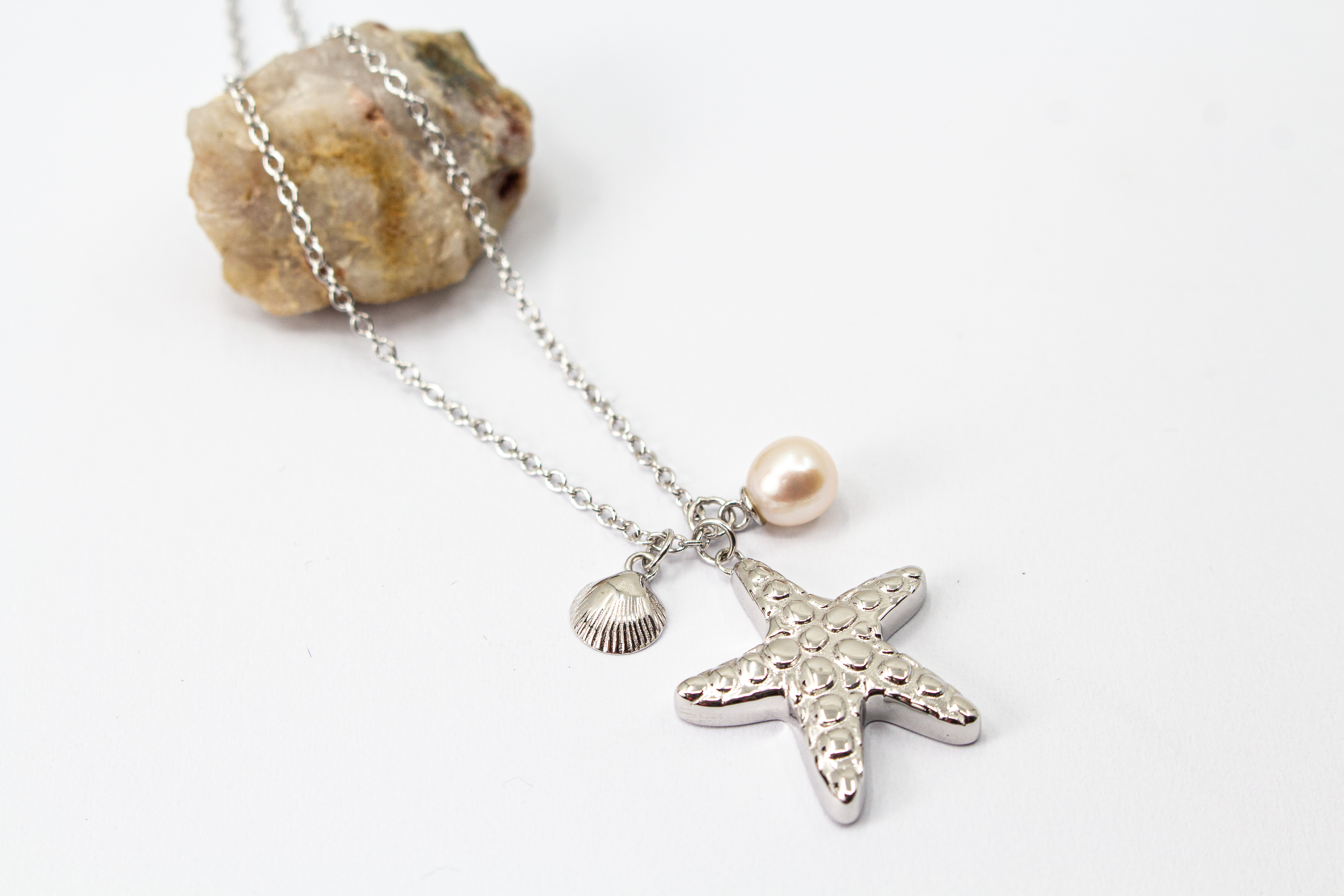 925 Silber Collier „Océane“ mit großem Seestern, Muschel & Süßwasserzuchtperle